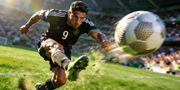 球星特写 - 著名前锋在比赛中大力抽射进球的瞬间